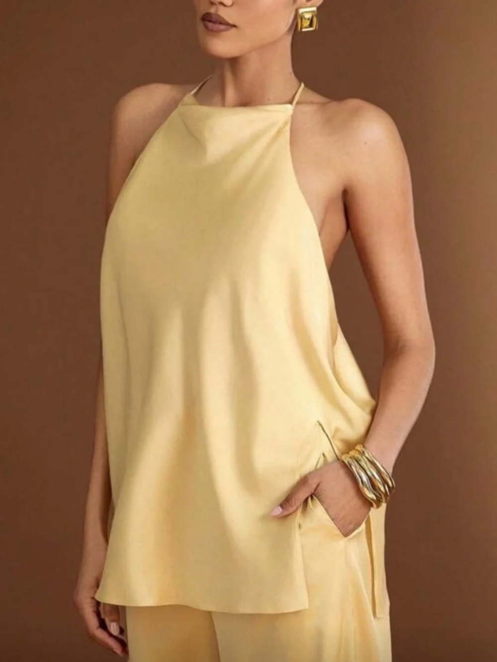 Zara Pale Yellow Halter-Neck Satin Camisole